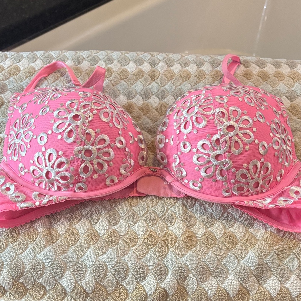 Pink Floral Embroidered Bra